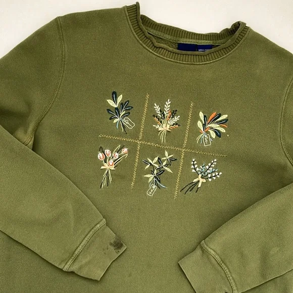 Basic Editions Size Small Vintage Embroidered Floral Sweatshirt in Olive Green - Picture 7 of 11